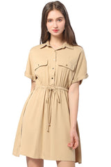 Half Button Drawstring Waist Short Sleeve Shirt Dress - SHE BADDY© ONLINE WOMEN FASHION & CLOTHING STORE