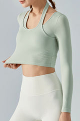 Halter Neck Long Sleeve Cropped Sports Top - SHE BADDY© ONLINE WOMEN FASHION & CLOTHING STORE