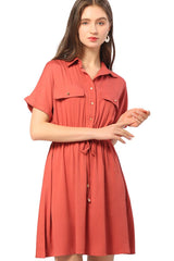Half Button Drawstring Waist Short Sleeve Shirt Dress - SHE BADDY© ONLINE WOMEN FASHION & CLOTHING STORE