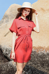 Half Button Drawstring Waist Short Sleeve Shirt Dress - SHE BADDY© ONLINE WOMEN FASHION & CLOTHING STORE