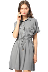 Half Button Drawstring Waist Short Sleeve Shirt Dress - SHE BADDY© ONLINE WOMEN FASHION & CLOTHING STORE