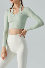 Halter Neck Long Sleeve Cropped Sports Top - SHE BADDY© ONLINE WOMEN FASHION & CLOTHING STORE