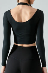 Halter Neck Long Sleeve Cropped Sports Top - SHE BADDY© ONLINE WOMEN FASHION & CLOTHING STORE