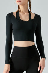 Halter Neck Long Sleeve Cropped Sports Top - SHE BADDY© ONLINE WOMEN FASHION & CLOTHING STORE