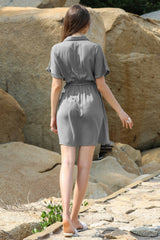 Half Button Drawstring Waist Short Sleeve Shirt Dress - SHE BADDY© ONLINE WOMEN FASHION & CLOTHING STORE