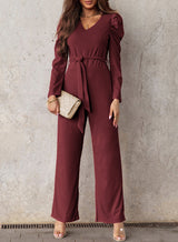 Belted Long Puff Sleeve V-Neck Jumpsuit - SHE BADDY© ONLINE WOMEN FASHION & CLOTHING STORE