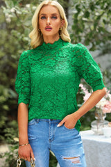 Lace Scalloped Short Puff Sleeve Top - SHE BADDY© ONLINE WOMEN FASHION & CLOTHING STORE