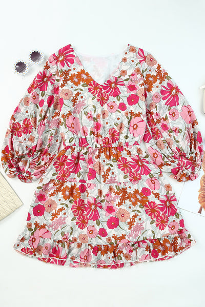 Floral Balloon Sleeve Ruffle Hem Dress - SHE BADDY© ONLINE WOMEN FASHION & CLOTHING STORE