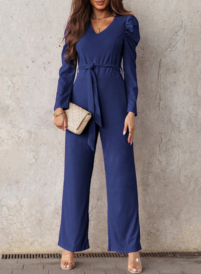 Belted Long Puff Sleeve V-Neck Jumpsuit - SHE BADDY© ONLINE WOMEN FASHION & CLOTHING STORE