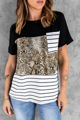 Mixed Print Color Block Round Neck Tee Shirt - SHE BADDY© ONLINE WOMEN FASHION & CLOTHING STORE