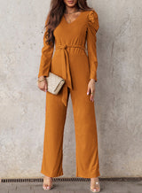 Belted Long Puff Sleeve V-Neck Jumpsuit - SHE BADDY© ONLINE WOMEN FASHION & CLOTHING STORE