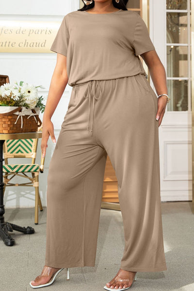 Plus Size Drawstring Waist Short Sleeve Jumpsuit - SHE BADDY© ONLINE WOMEN FASHION & CLOTHING STORE