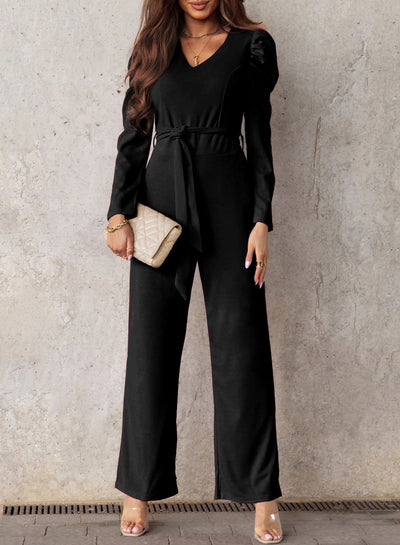 Belted Long Puff Sleeve V-Neck Jumpsuit - SHE BADDY© ONLINE WOMEN FASHION & CLOTHING STORE