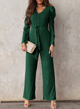 Belted Long Puff Sleeve V-Neck Jumpsuit - SHE BADDY© ONLINE WOMEN FASHION & CLOTHING STORE