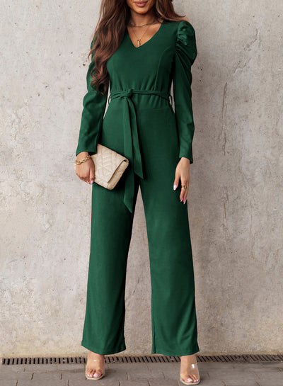 Belted Long Puff Sleeve V-Neck Jumpsuit - SHE BADDY© ONLINE WOMEN FASHION & CLOTHING STORE