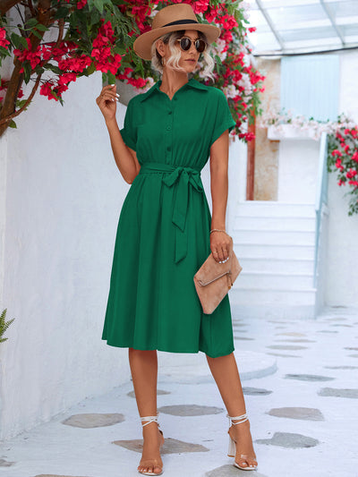 Cuffed Short Sleeve Belted Shirt Dress - SHE BADDY© ONLINE WOMEN FASHION & CLOTHING STORE