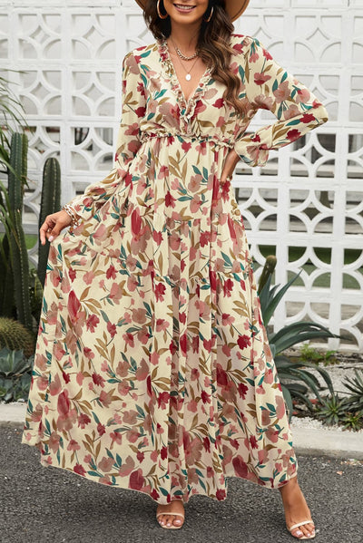 Floral Frill Trim Flounce Sleeve Plunge Maxi Dress - SHE BADDY© ONLINE WOMEN FASHION & CLOTHING STORE