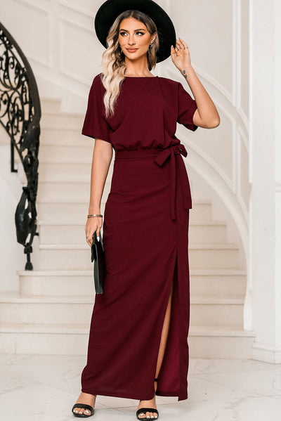 Belted Split Round Neck Dress - SHE BADDY© ONLINE WOMEN FASHION & CLOTHING STORE