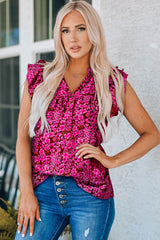 Floral Flutter Sleeve Notched Neck Blouse - SHE BADDY© ONLINE WOMEN FASHION & CLOTHING STORE