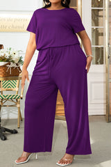 Plus Size Drawstring Waist Short Sleeve Jumpsuit - SHE BADDY© ONLINE WOMEN FASHION & CLOTHING STORE