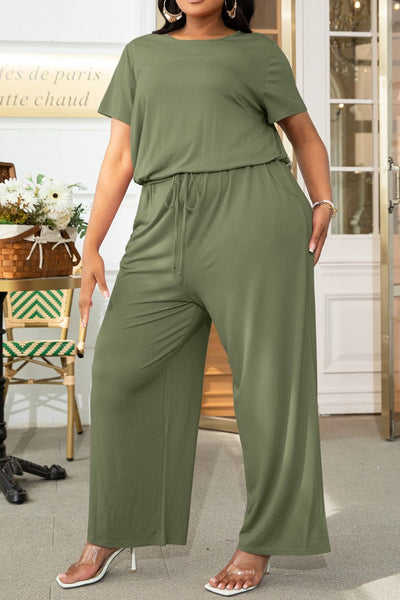 Plus Size Drawstring Waist Short Sleeve Jumpsuit - SHE BADDY© ONLINE WOMEN FASHION & CLOTHING STORE