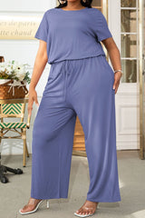 Plus Size Drawstring Waist Short Sleeve Jumpsuit - SHE BADDY© ONLINE WOMEN FASHION & CLOTHING STORE