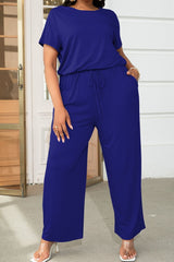 Plus Size Drawstring Waist Short Sleeve Jumpsuit - SHE BADDY© ONLINE WOMEN FASHION & CLOTHING STORE