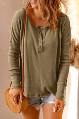 Half Button Waffle Knit Long Sleeve Top - SHE BADDY© ONLINE WOMEN FASHION & CLOTHING STORE