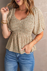 Smocked Balloon Sleeve Peplum Blouse - SHE BADDY© ONLINE WOMEN FASHION & CLOTHING STORE