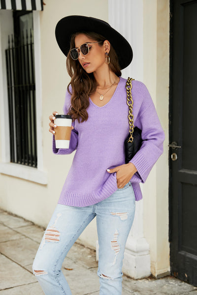 Drop Shoulder V-Neck Knit Pullover - SHE BADDY© ONLINE WOMEN FASHION & CLOTHING STORE