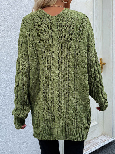Cable-Knit Open Front Cardigan with Front Pockets - SHE BADDY© ONLINE WOMEN FASHION & CLOTHING STORE