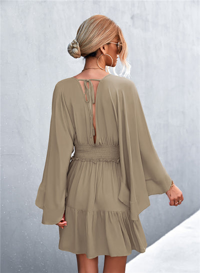 Decorative Button Smocked Waist Surplice Dress - SHE BADDY© ONLINE WOMEN FASHION & CLOTHING STORE
