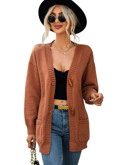 Toggle Closure Ribbed Trim Dropped Shoulder Cardigan - SHE BADDY© ONLINE WOMEN FASHION & CLOTHING STORE