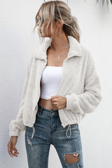 Drawstring Hem Zip Up Teddy Jacket - SHE BADDY© ONLINE WOMEN FASHION & CLOTHING STORE