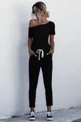 Asymmetrical Neck Tied Jumpsuit with Pockets - SHE BADDY© ONLINE WOMEN FASHION & CLOTHING STORE