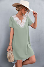 Spliced Lace Contrast Short Sleeve Dress - SHE BADDY© ONLINE WOMEN FASHION & CLOTHING STORE