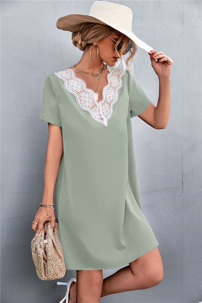 Spliced Lace Contrast Short Sleeve Dress - SHE BADDY© ONLINE WOMEN FASHION & CLOTHING STORE