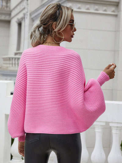 Horizontal Ribbing Dolman Sleeve Sweater - SHE BADDY© ONLINE WOMEN FASHION & CLOTHING STORE