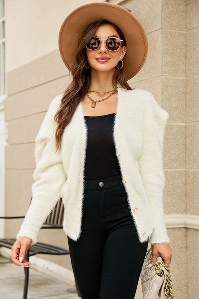 Puff Sleeve V-Neck Fuzzy Cardigan - SHE BADDY© ONLINE WOMEN FASHION & CLOTHING STORE