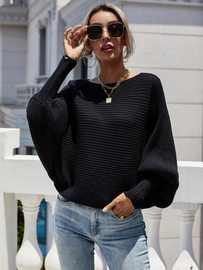 Horizontal Ribbing Dolman Sleeve Sweater - SHE BADDY© ONLINE WOMEN FASHION & CLOTHING STORE