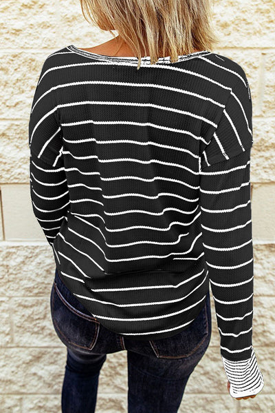 Striped Waffle Knit Henley Long Sleeve Top - SHE BADDY© ONLINE WOMEN FASHION & CLOTHING STORE