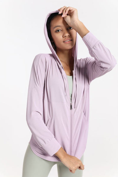 Curved Hem Drawstring Hooded Sports Jacket - SHE BADDY© ONLINE WOMEN FASHION & CLOTHING STORE