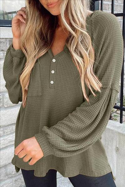 Puff Sleeve Side Slit Buttoned Waffle Knit Hoodie - SHE BADDY© ONLINE WOMEN FASHION & CLOTHING STORE