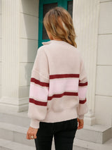 Striped Quarter-Zip Lantern Sleeve Sweater - SHE BADDY© ONLINE WOMEN FASHION & CLOTHING STORE