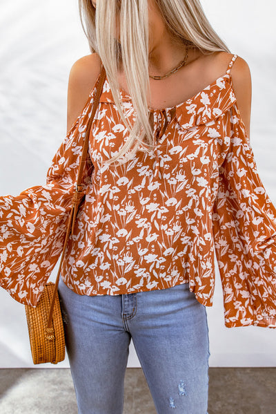 Floral Cold-Shoulder Flare Sleeve Blouse - SHE BADDY© ONLINE WOMEN FASHION & CLOTHING STORE