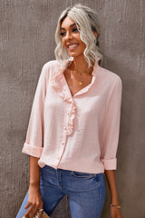 Eyelet Ruffles Button Crinkled Shirt - SHE BADDY© ONLINE WOMEN FASHION & CLOTHING STORE