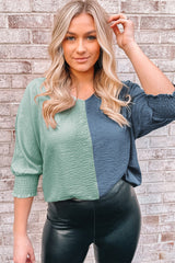 Two-Tone Textured V-Neck Blouse - SHE BADDY© ONLINE WOMEN FASHION & CLOTHING STORE