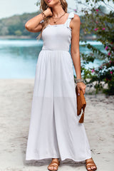 Frill Trim Tie Shoulder Wide Leg Jumpsuit with Pockets - SHE BADDY© ONLINE WOMEN FASHION & CLOTHING STORE