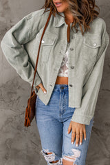 Raw Hem Button Down Corduroy Jacket with Pockets - SHE BADDY© ONLINE WOMEN FASHION & CLOTHING STORE