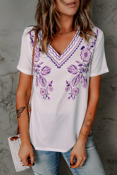 Floral Embroidery V-Neck Top - SHE BADDY© ONLINE WOMEN FASHION & CLOTHING STORE